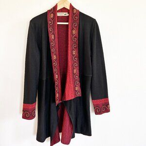 Peruvian Link Sweater M Black Red Alpaca Embroidered Open Cardigan Duster